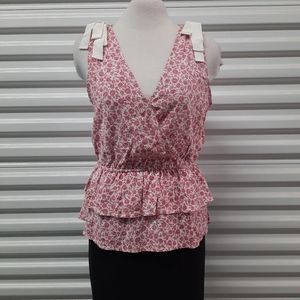 Bobeau Top Women's Extra Small XS Red White Floral Sleeveless Wrap Blouse